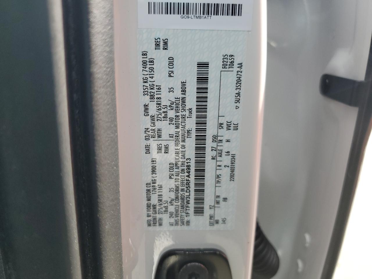 2024 Ford F150 Xlt VIN: 1FTFW3LD5RFA49813 Lot: 57951165