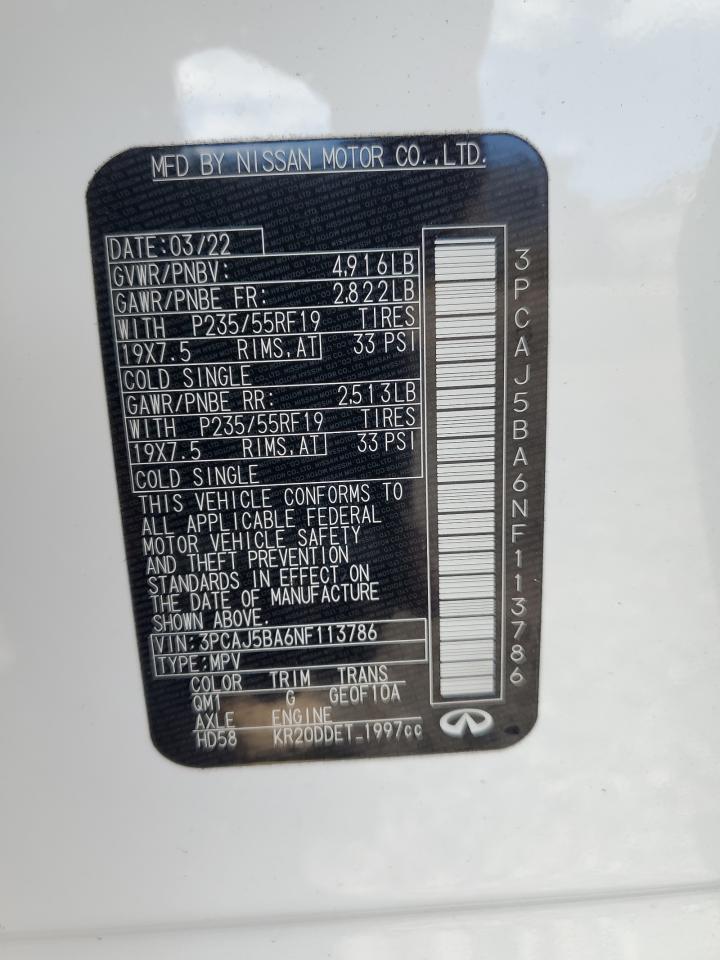 2022 Infiniti Qx50 Luxe VIN: 3PCAJ5BA6NF113786 Lot: 56567625