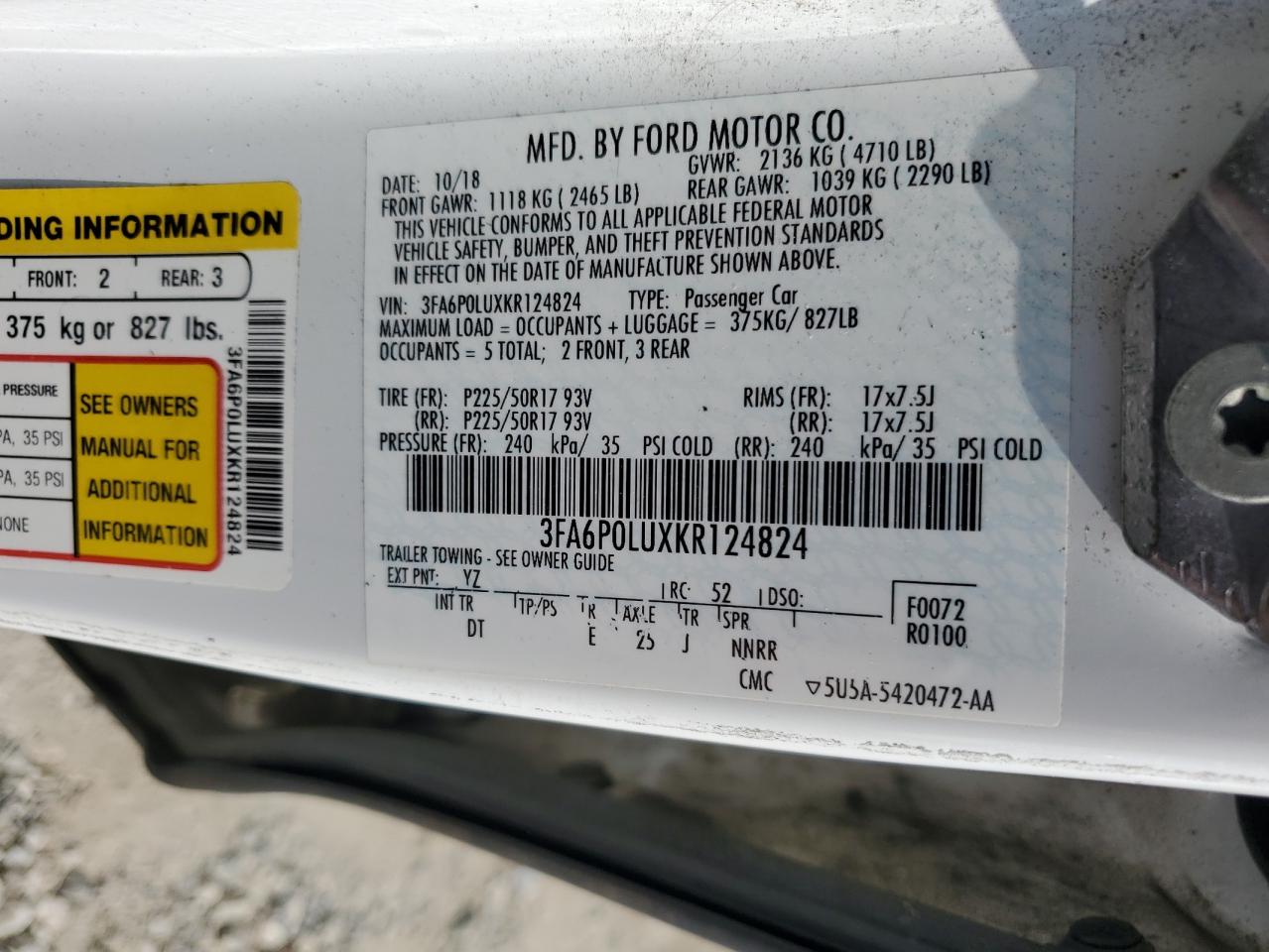 2019 Ford Fusion Se VIN: 3FA6P0LUXKR124824 Lot: 54031685