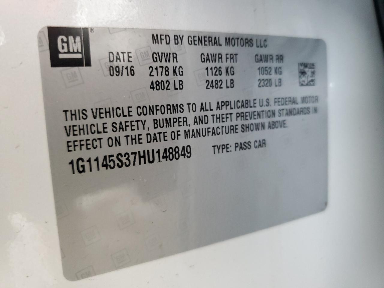 2017 Chevrolet Impala Premier VIN: 1G1145S37HU148849 Lot: 57265345