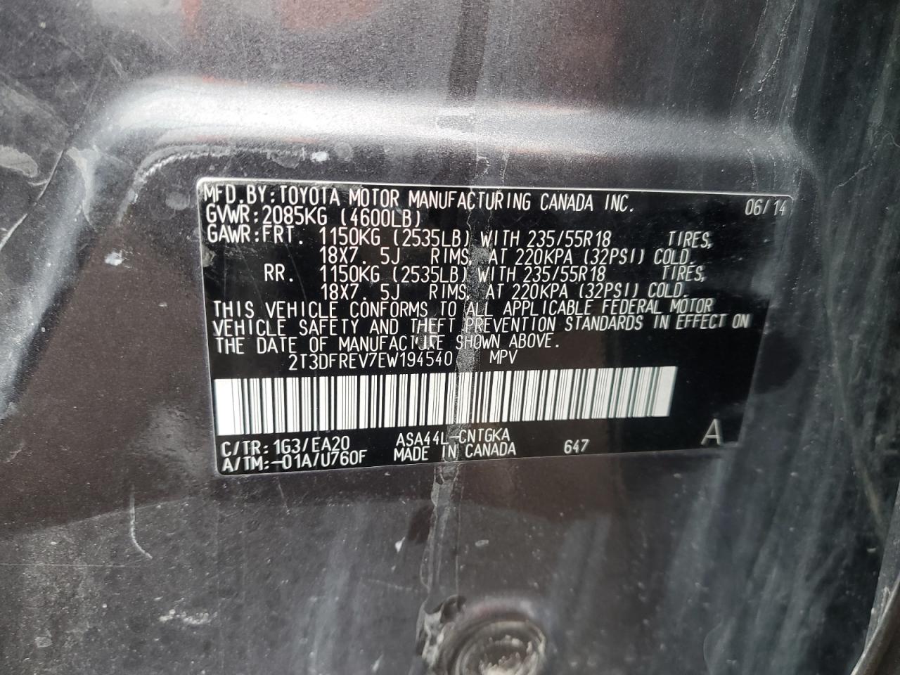 2014 Toyota Rav4 Limited VIN: 2T3DFREV7EW194540 Lot: 55091315