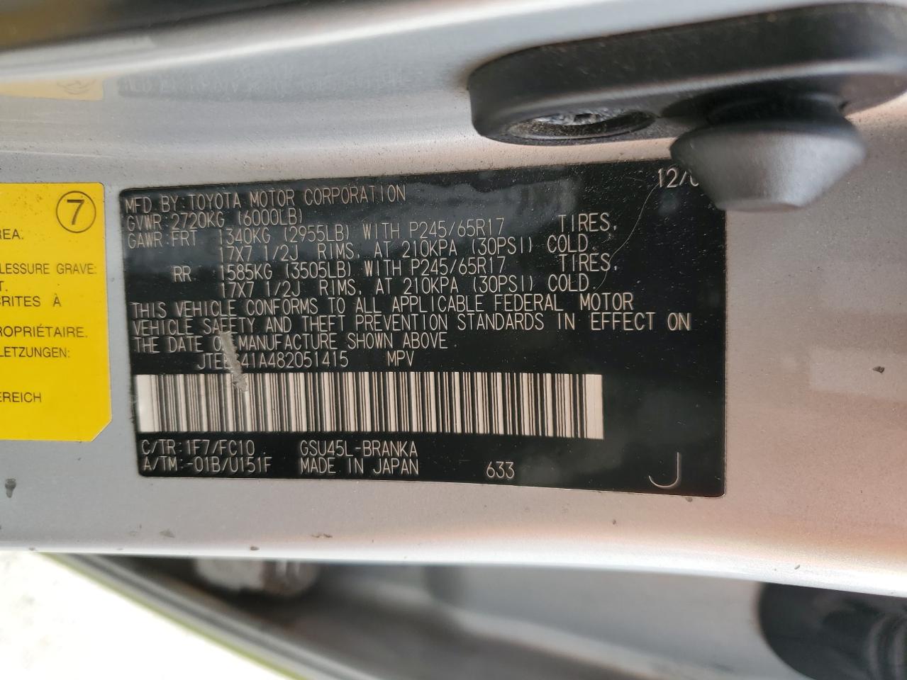 2008 Toyota Highlander VIN: JTEES41A482051415 Lot: 56357305