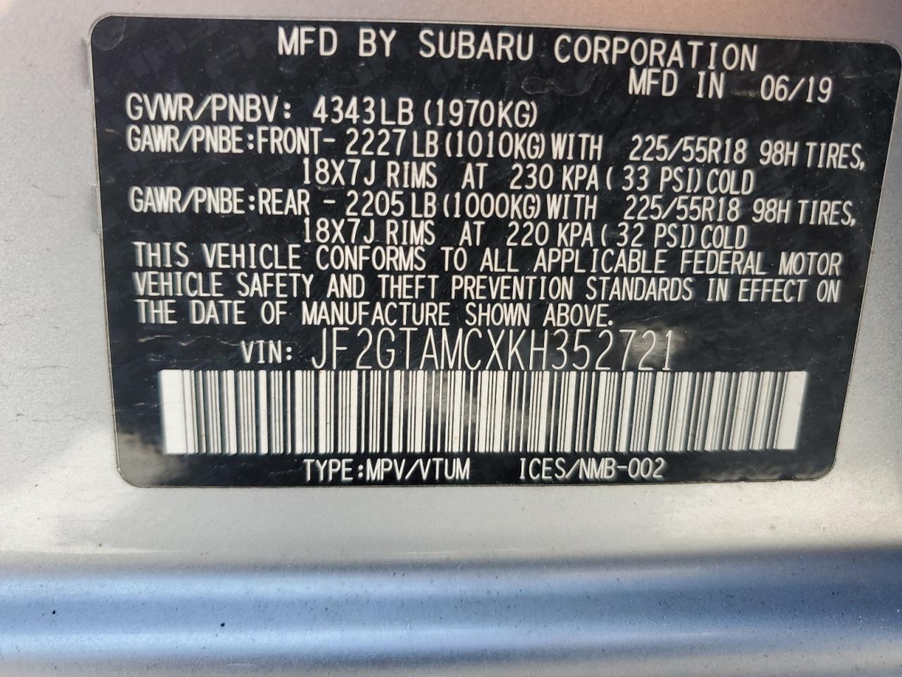 2019 Subaru Crosstrek Limited VIN: JF2GTAMCXKH352721 Lot: 56590515