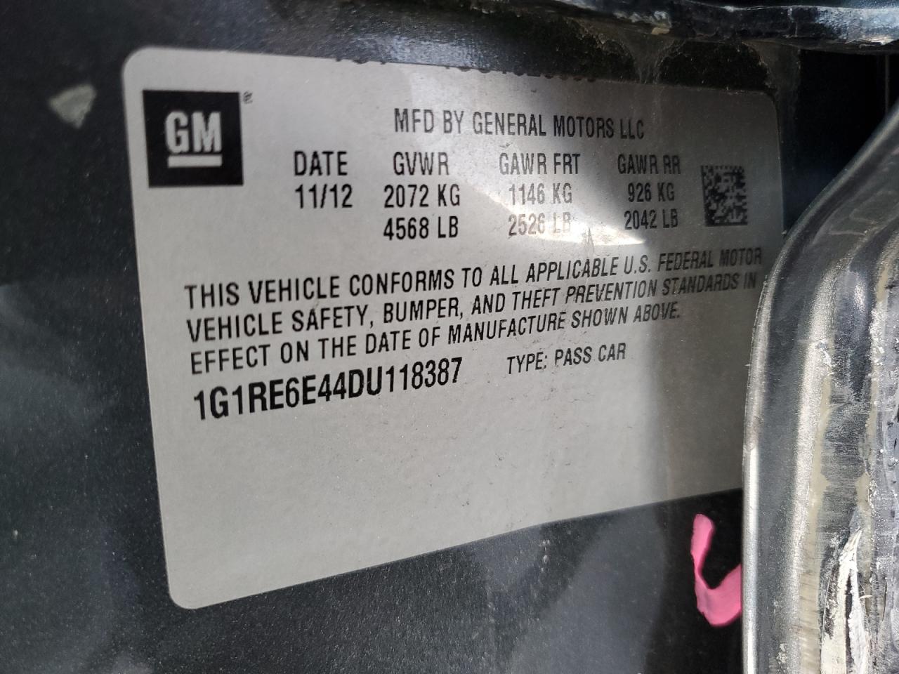 2013 Chevrolet Volt VIN: 1G1RE6E44DU118387 Lot: 56339185