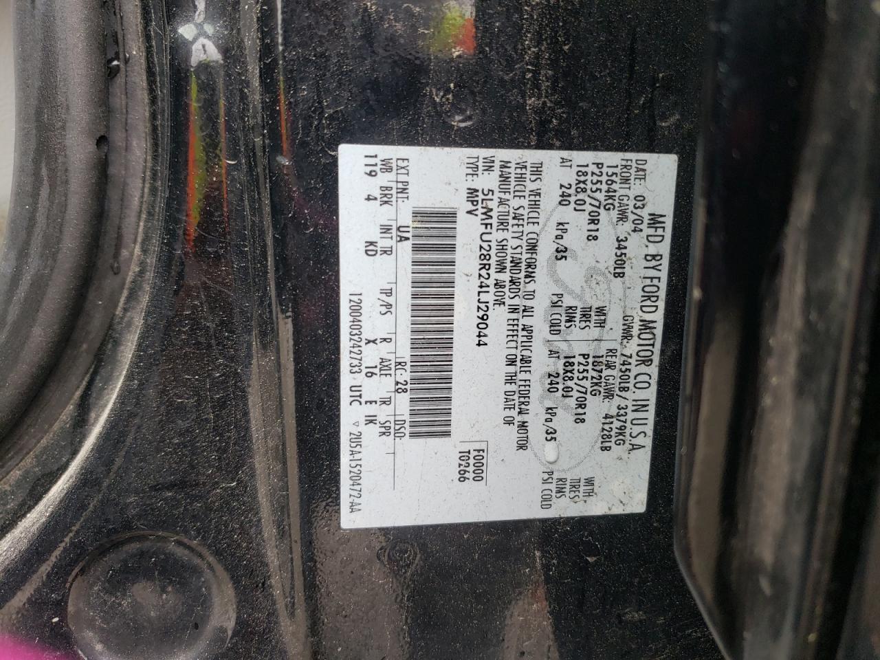 2004 Lincoln Navigator VIN: 5LMFU28R24LJ29044 Lot: 55731515