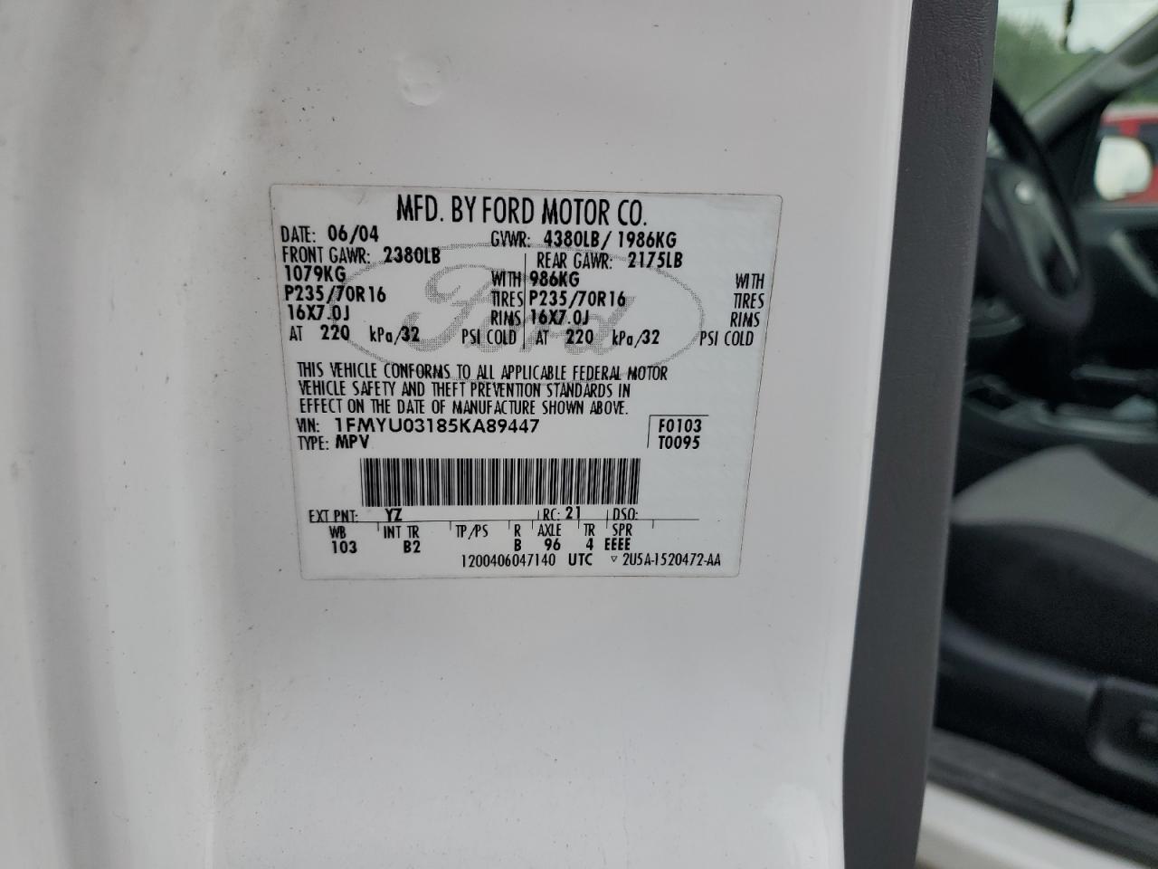 2005 Ford Escape Xlt VIN: 1FMYU03185KA89447 Lot: 55231915