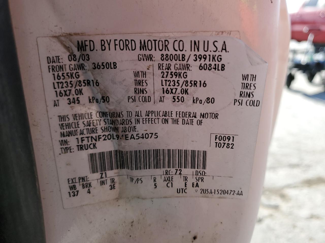 2004 Ford F250 Super Duty VIN: 1FTNF20L94EA54075 Lot: 56751955