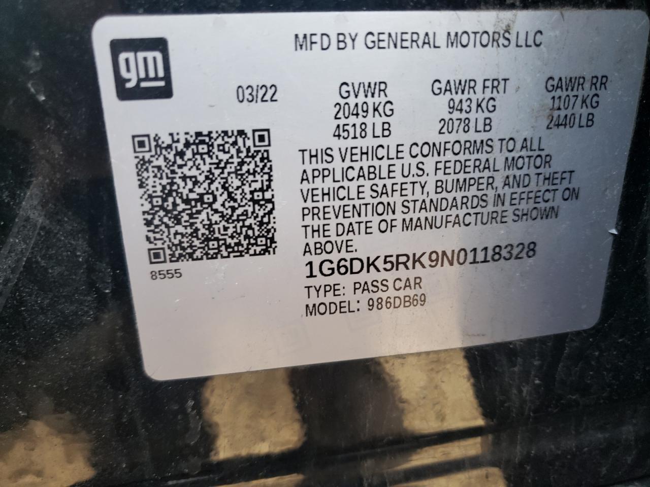 2022 Cadillac Ct4 Luxury VIN: 1G6DK5RK9N0118328 Lot: 55047835
