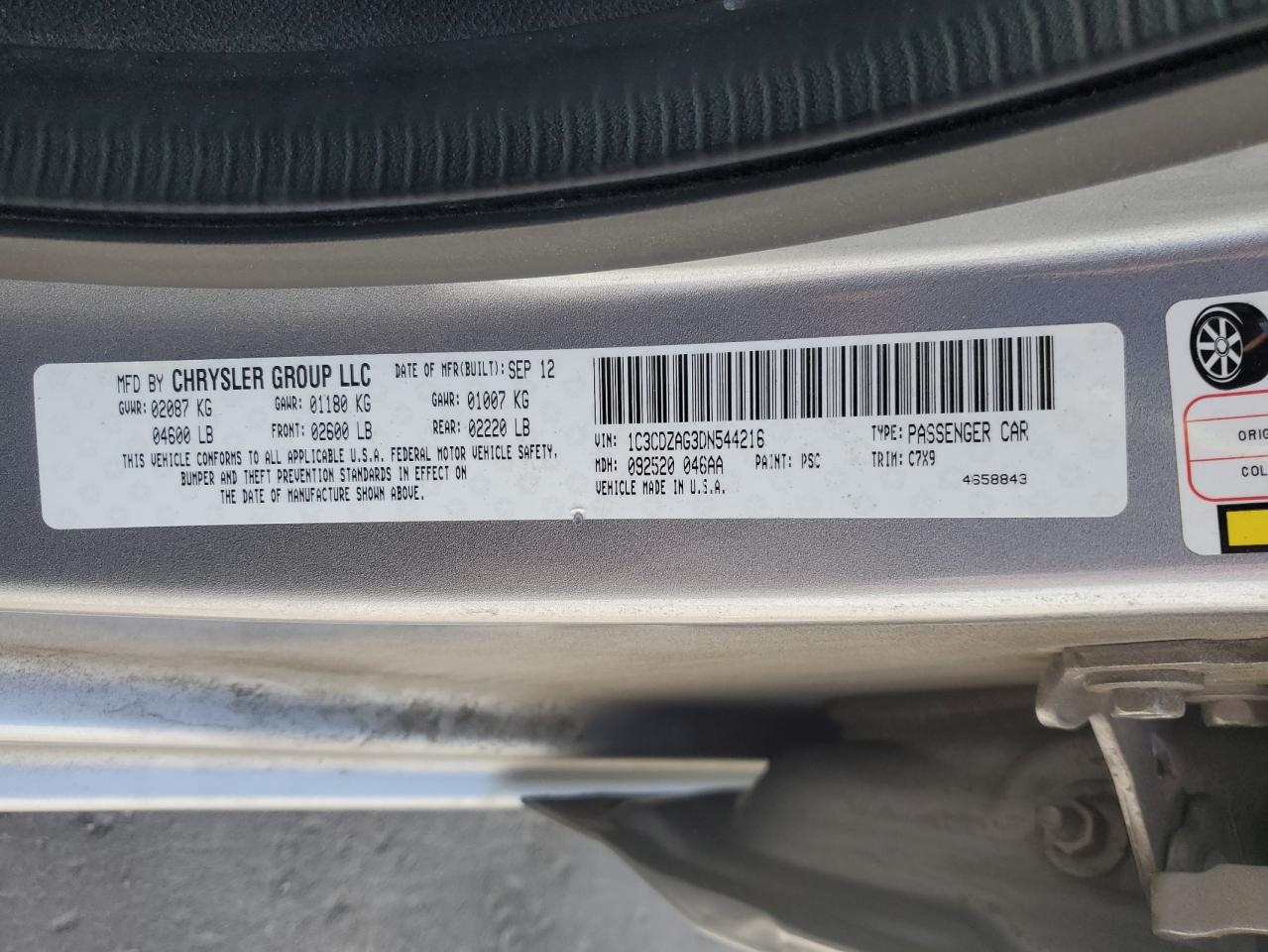 2013 Dodge Avenger Se VIN: 1C3CDZAG3DN544216 Lot: 56668935