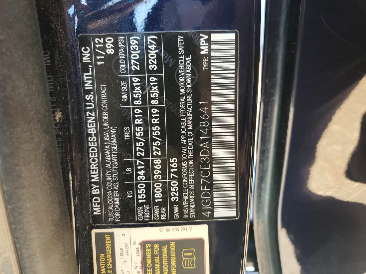 2013 Mercedes-Benz Gl 450 4Matic VIN: 4JGDF7CE3DA148641 Lot: 55722455