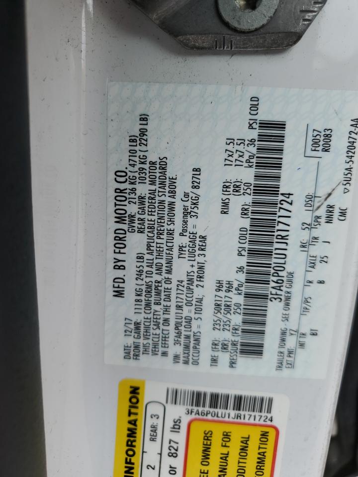 2018 Ford Fusion Se Hybrid VIN: 3FA6P0LU1JR171724 Lot: 54028925