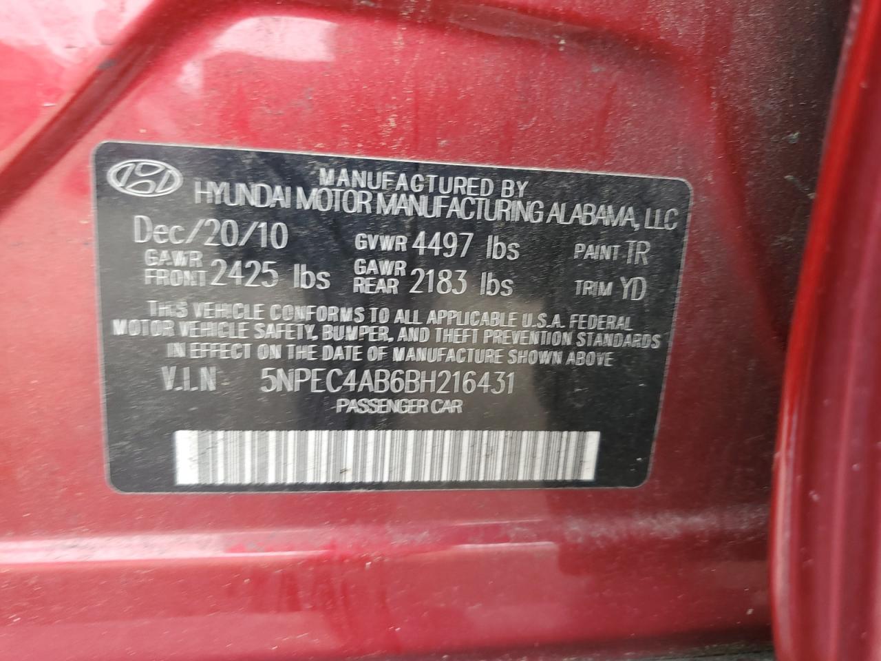 2011 Hyundai Sonata Se VIN: 5NPEC4AB6BH216431 Lot: 56857465