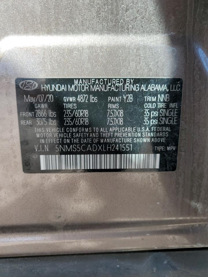 2020 Hyundai Santa Fe Limited VIN: 5NMS5CADXLH241551 Lot: 56911595