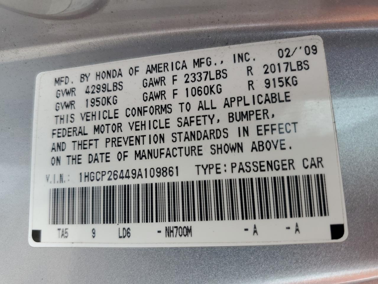 2009 Honda Accord Lxp VIN: 1HGCP26449A109861 Lot: 56579765