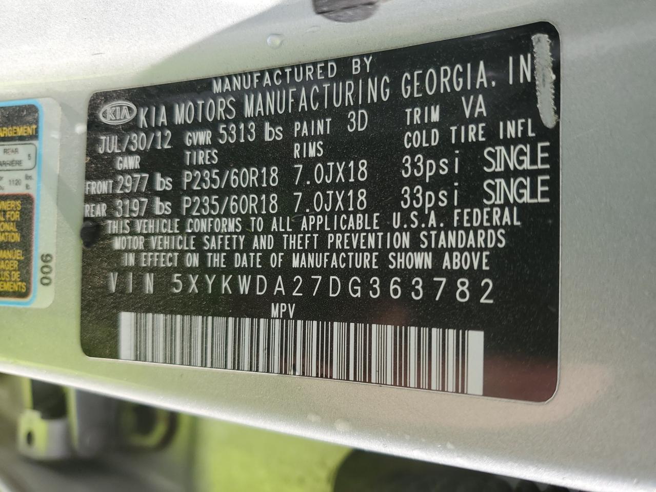 2013 Kia Sorento Sx VIN: 5XYKWDA27DG363782 Lot: 55253365