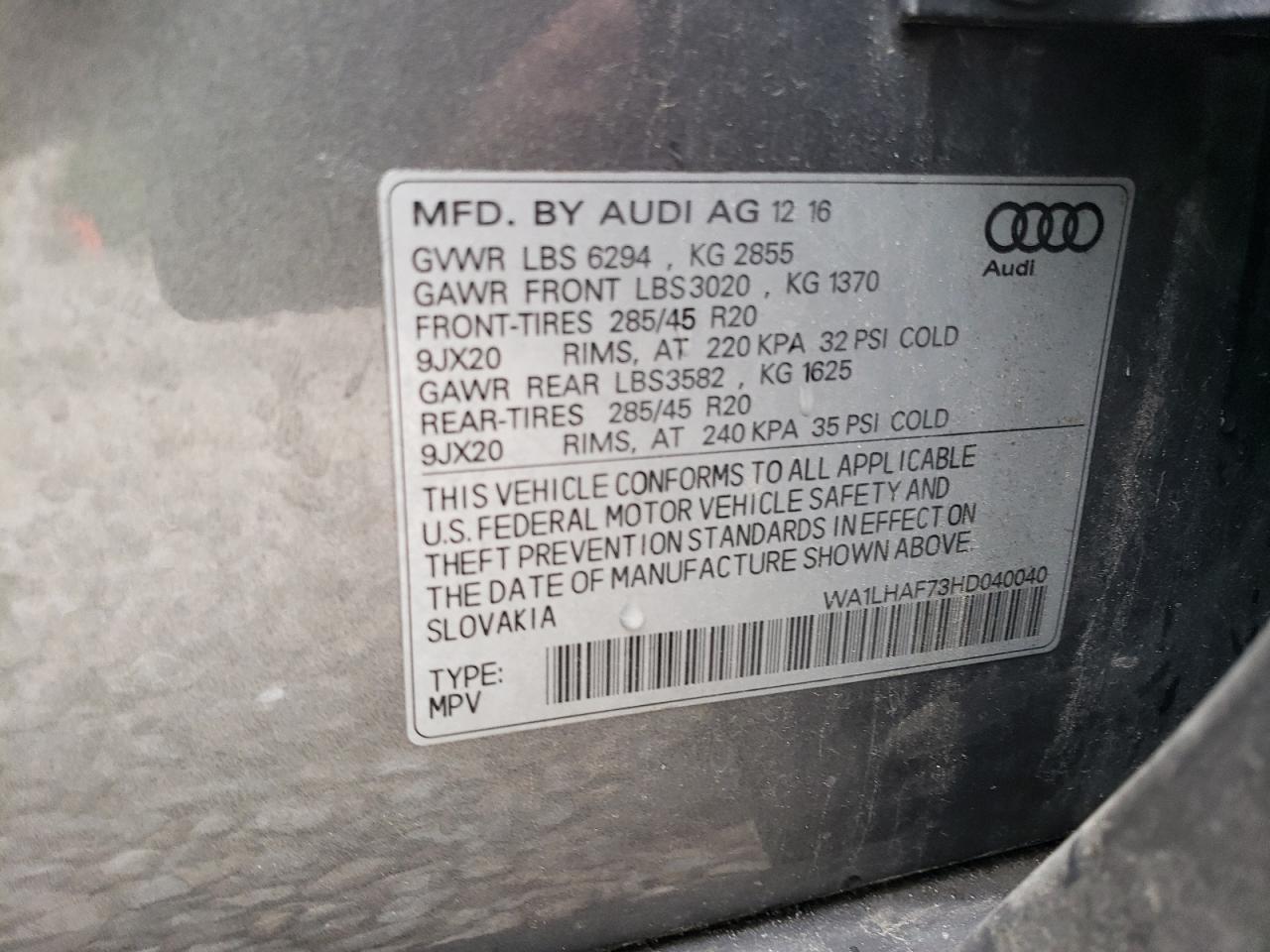 2017 Audi Q7 Premium Plus VIN: WA1LHAF73HD040040 Lot: 56177415