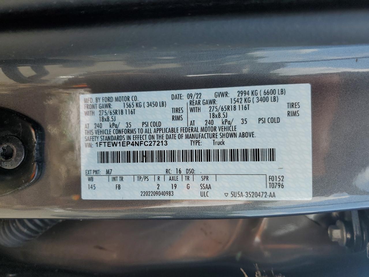 2022 Ford F150 Supercrew VIN: 1FTEW1EP4NFC27213 Lot: 57309315