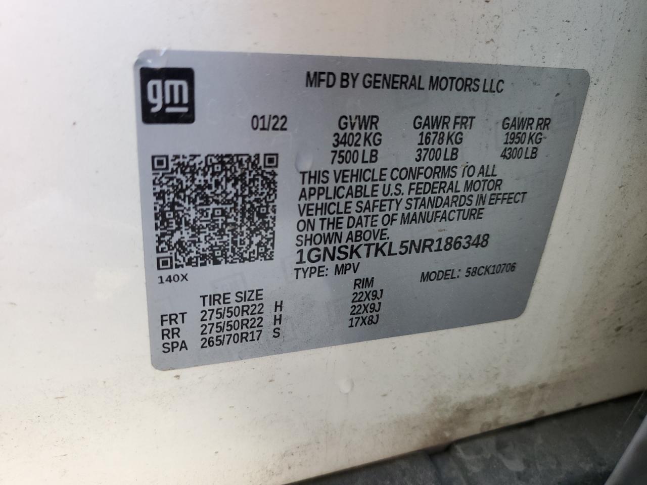 2022 Chevrolet Tahoe K1500 High Country VIN: 1GNSKTKL5NR186348 Lot: 56162915