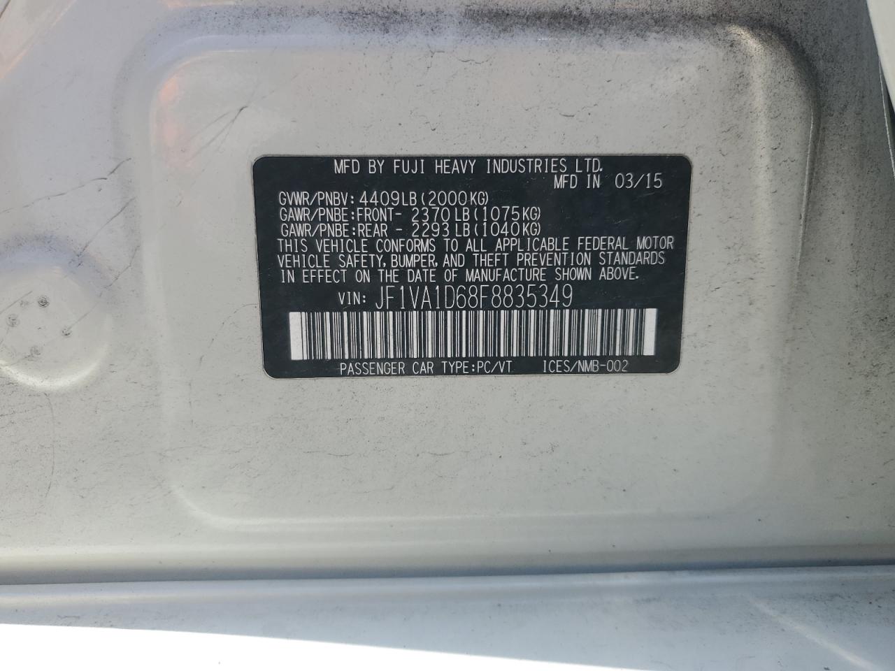 2015 Subaru Wrx Premium VIN: JF1VA1D68F8835349 Lot: 57326485