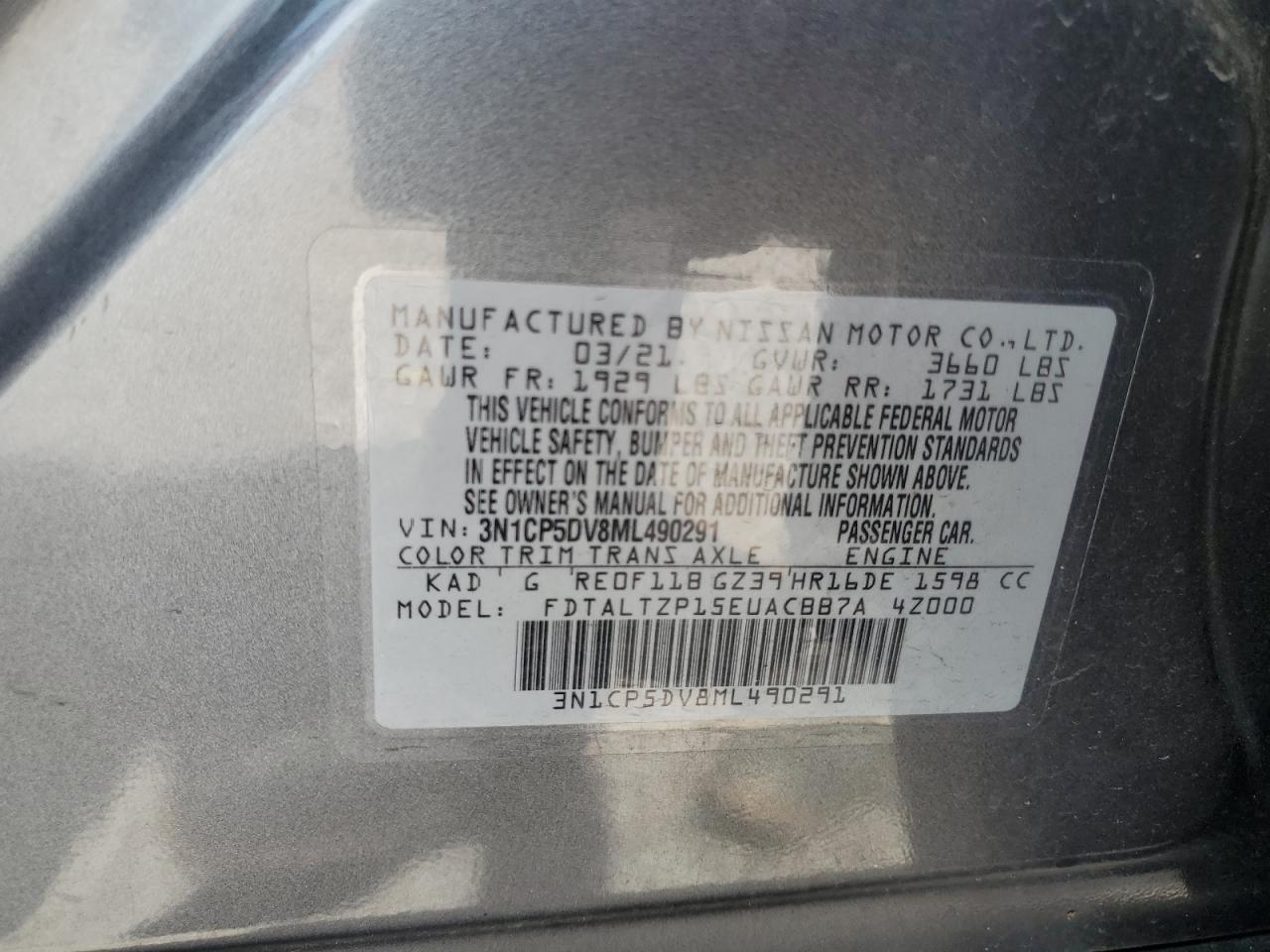 2021 Nissan Kicks Sr VIN: 3N1CP5DV8ML490291 Lot: 55253435