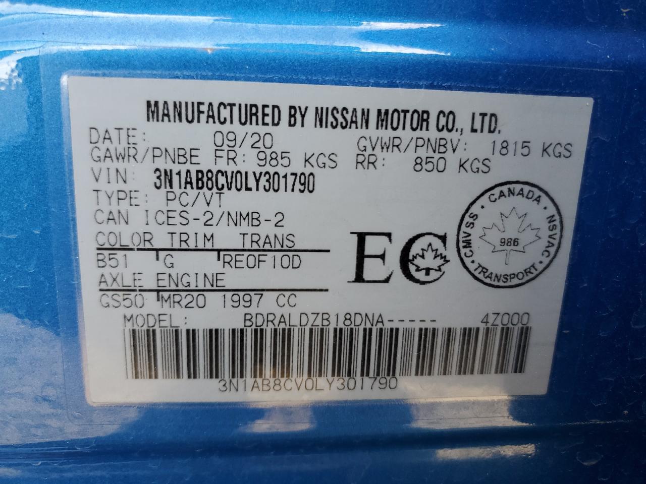 2020 Nissan Sentra Sv VIN: 3N1AB8CV0LY301790 Lot: 56664475