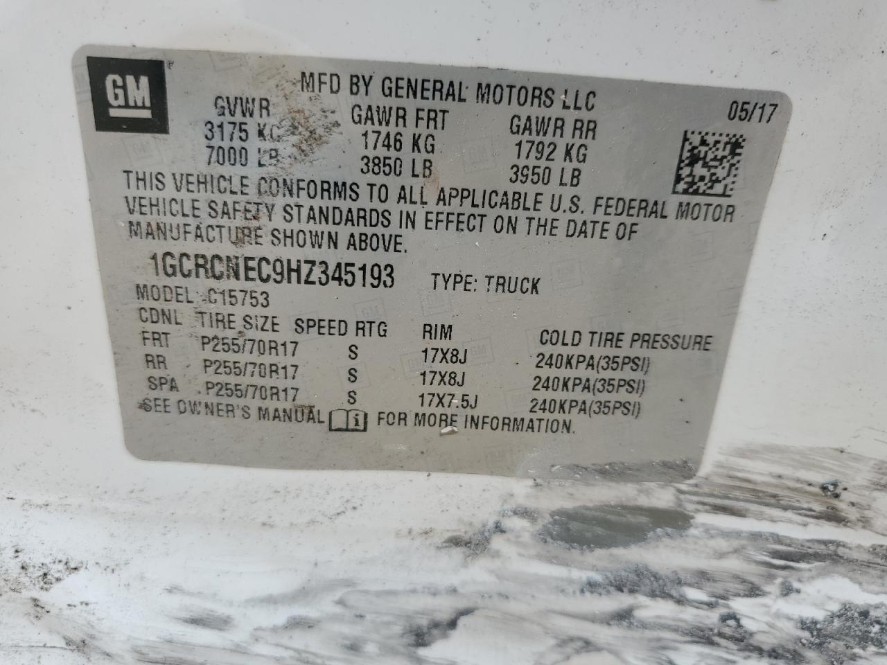 2017 Chevrolet Silverado C1500 VIN: 1GCRCNEC9HZ345193 Lot: 57491505