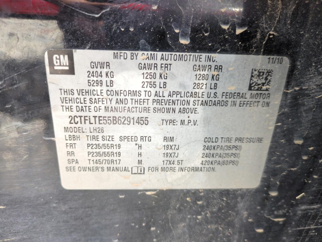 2011 GMC Terrain Sle VIN: 2CTFLTE55B6291455 Lot: 57503135