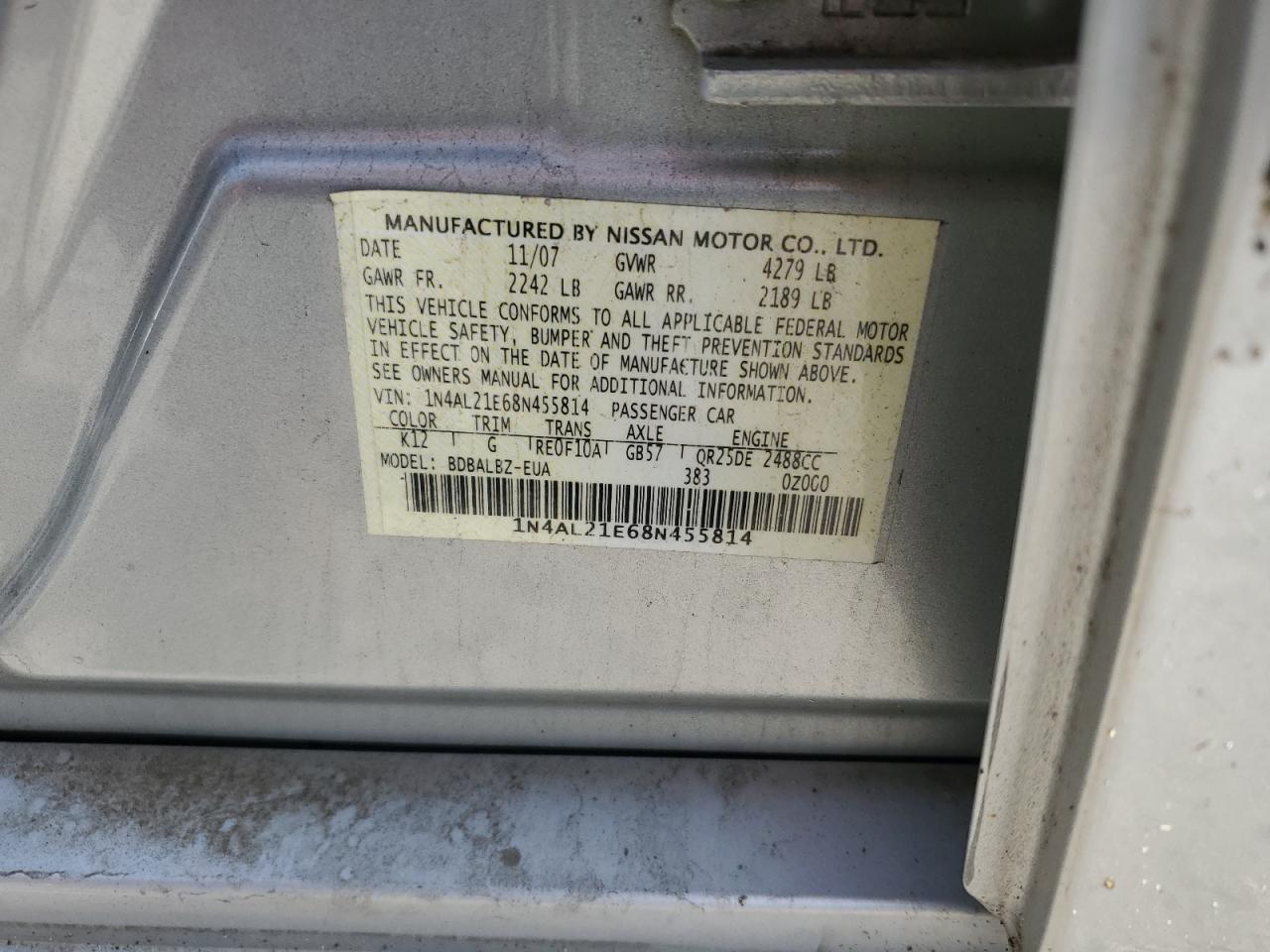 2008 Nissan Altima 2.5 VIN: 1N4AL21E68N455814 Lot: 56299505