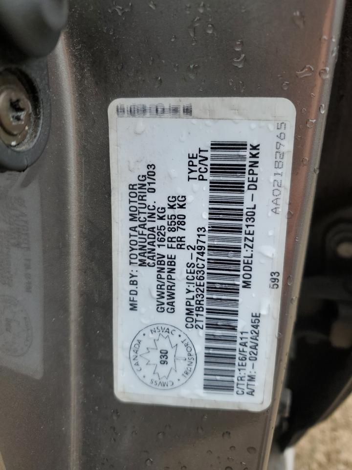 2003 Toyota Corolla Ce VIN: 2T1BR32E63C749713 Lot: 56327165