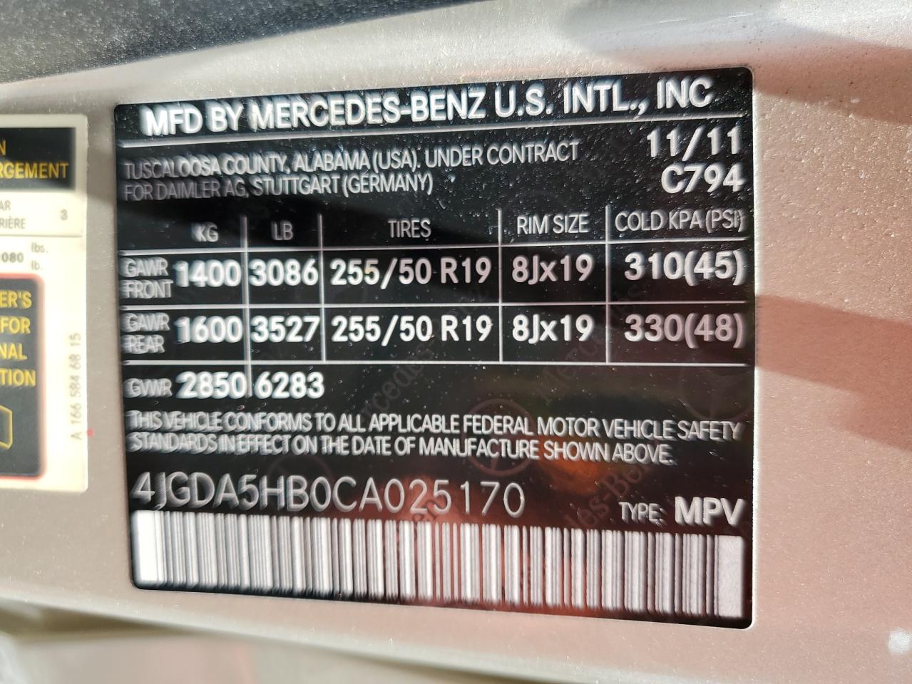2012 Mercedes-Benz Ml 350 4Matic VIN: 4JGDA5HB0CA025170 Lot: 56345385