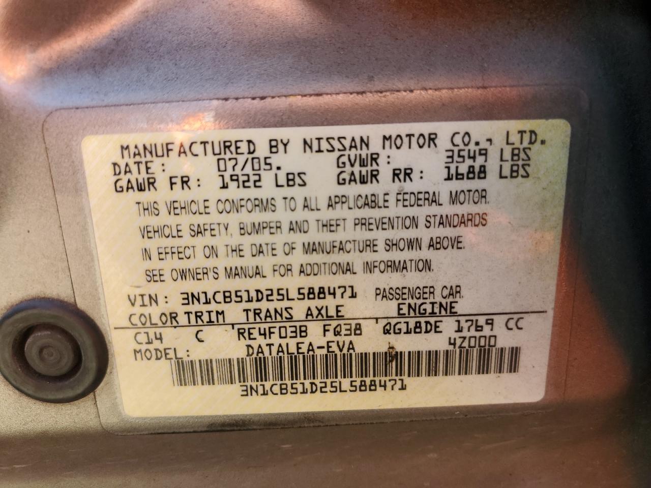 2005 Nissan Sentra 1.8 VIN: 3N1CB51D25L588471 Lot: 57919265