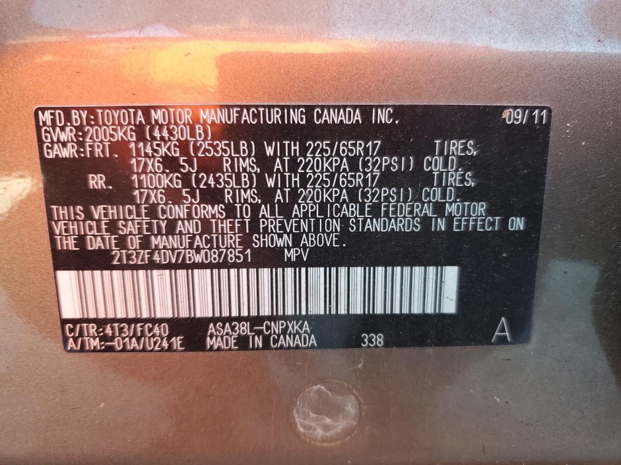 2011 Toyota Rav4 VIN: 2T3ZF4DV7BW087851 Lot: 56487265