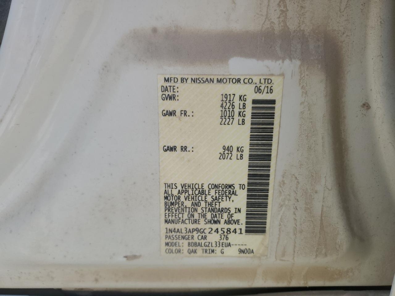 2016 Nissan Altima 2.5 VIN: 1N4AL3AP9GC245841 Lot: 55769465