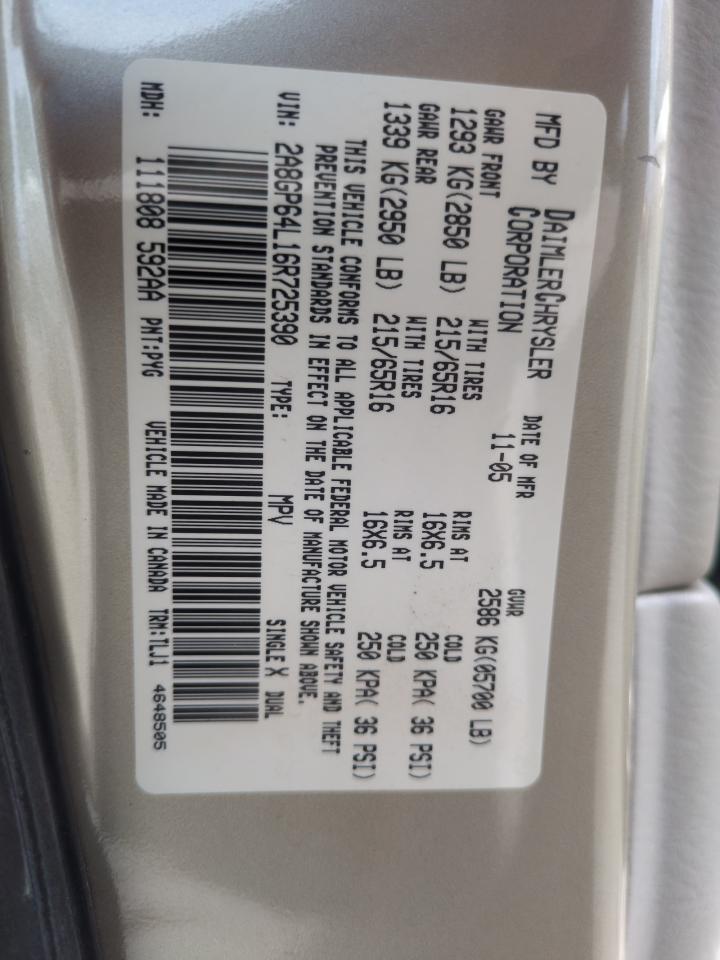 2006 Chrysler Town & Country Limited VIN: 2A8GP64L16R725390 Lot: 57944545