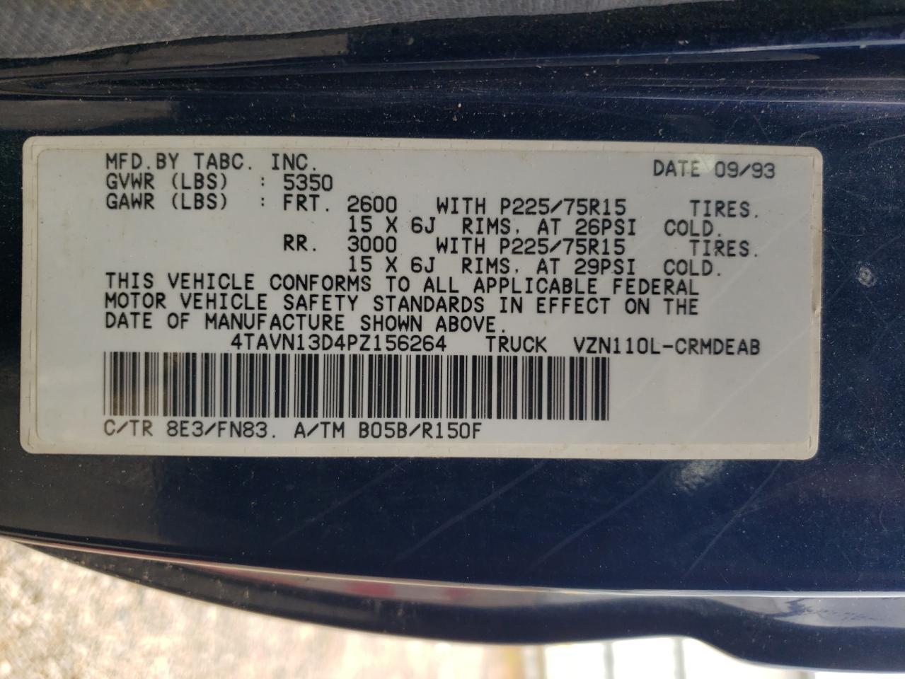 1993 Toyota Pickup 1/2 Ton Extra Long Wheelbase Dx VIN: 4TAVN13D4PZ156264 Lot: 56635885