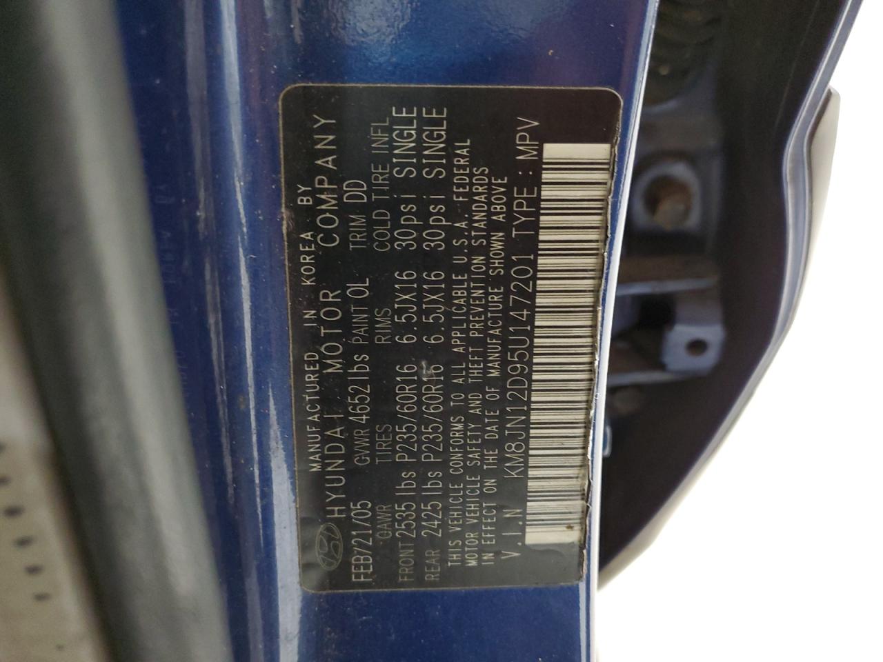 2005 Hyundai Tucson Gls VIN: KM8JN12D95U147201 Lot: 57720225