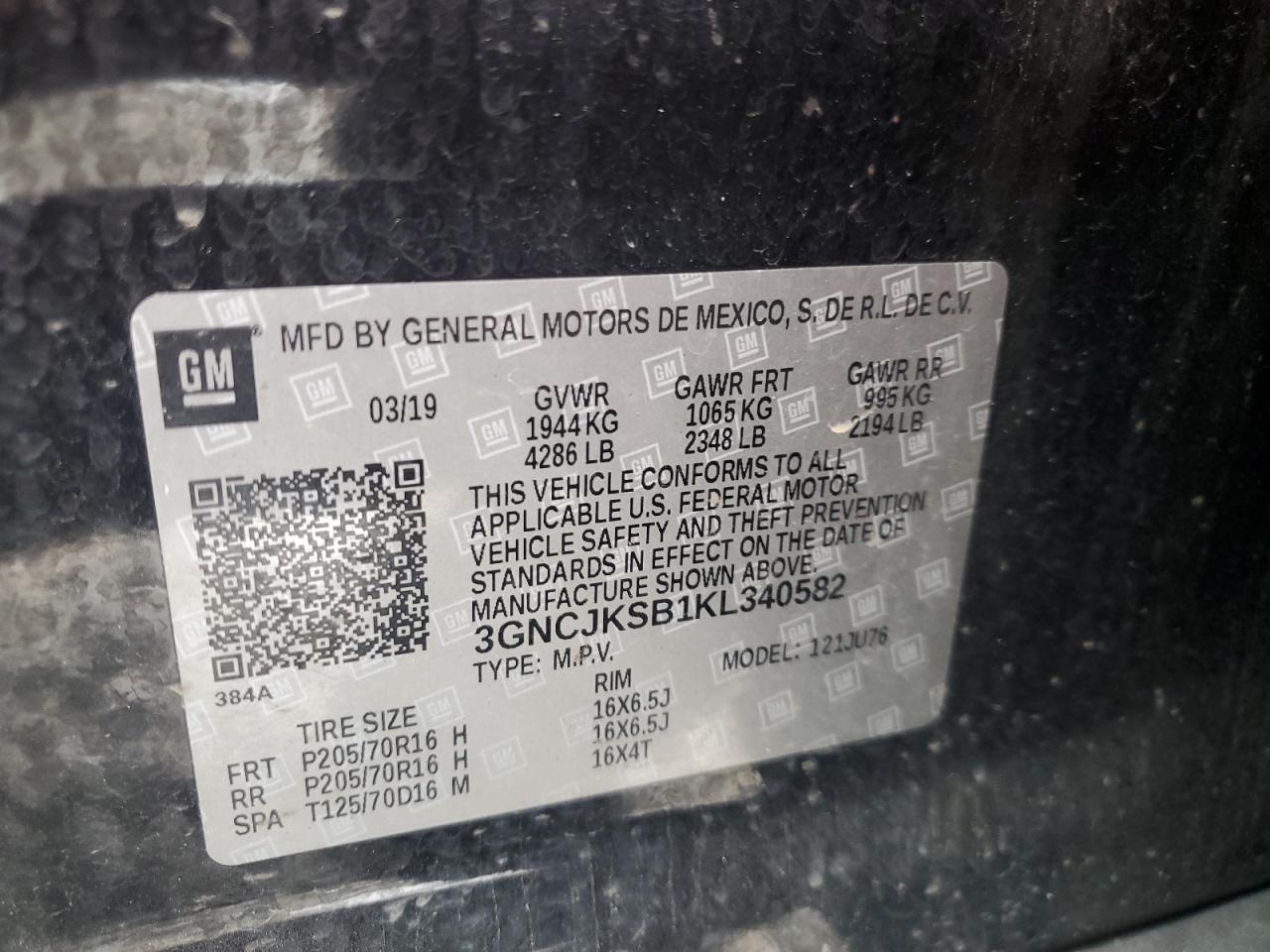 2019 Chevrolet Trax Ls VIN: 3GNCJKSB1KL340582 Lot: 56476985