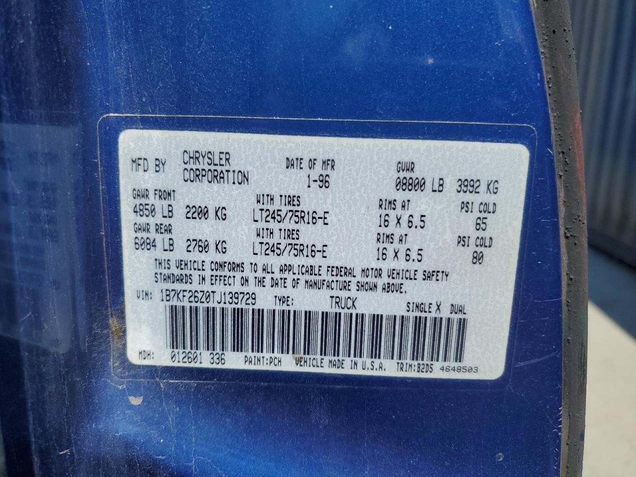 1996 Dodge Ram 2500 VIN: 1B7KF26Z0TJ139729 Lot: 55794315