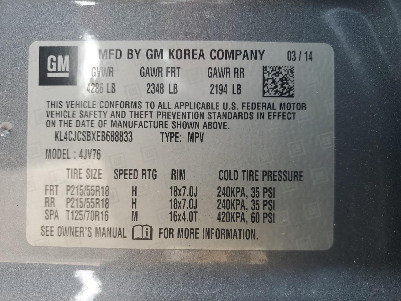 2014 Buick Encore VIN: KL4CJCSBXEB688833 Lot: 57106765