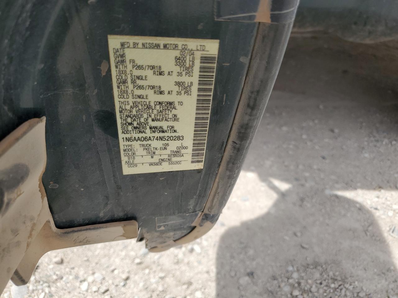 2004 Nissan Titan Xe VIN: 1N6AA06A74N520283 Lot: 56686385