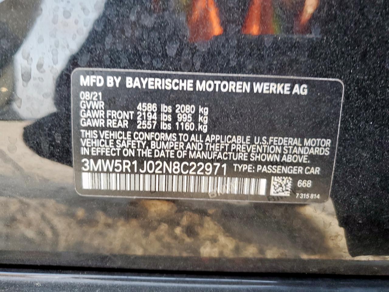 2022 BMW 330I VIN: 3MW5R1J02N8C22971 Lot: 57356965