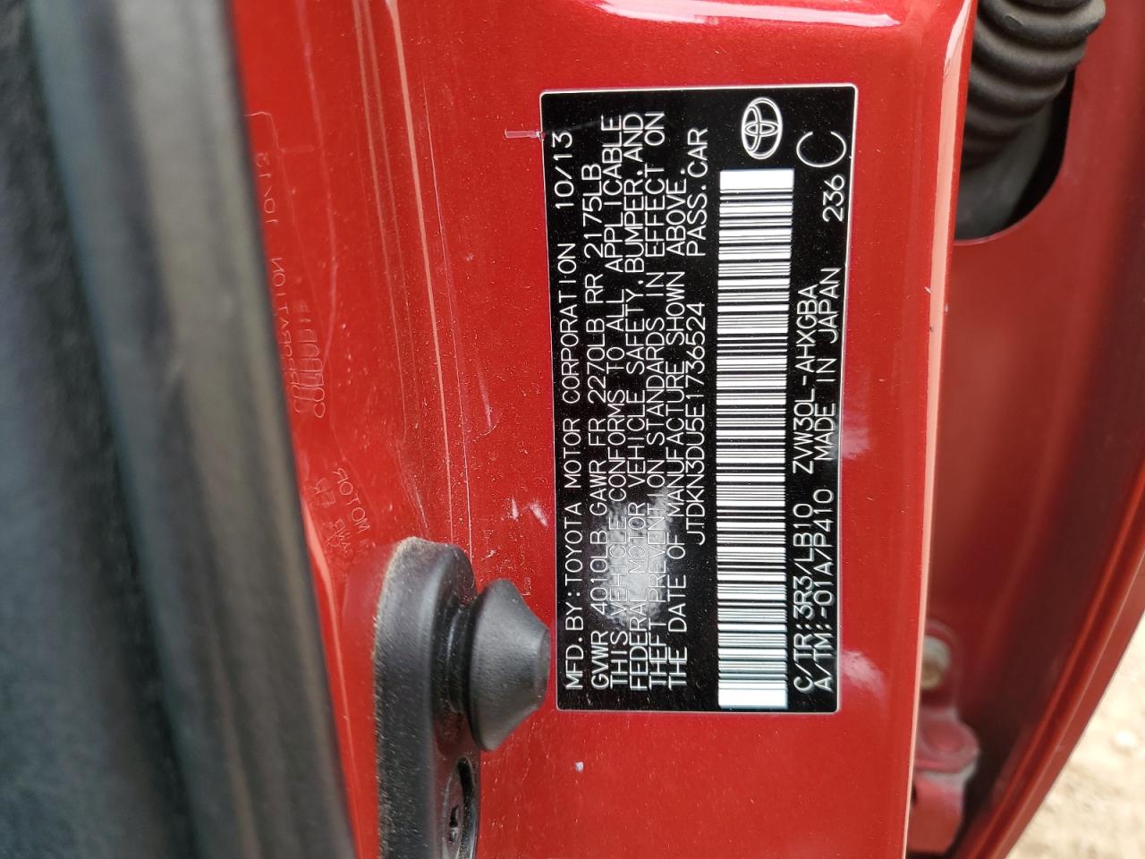 2014 Toyota Prius VIN: JTDKN3DU5E1736524 Lot: 56874345