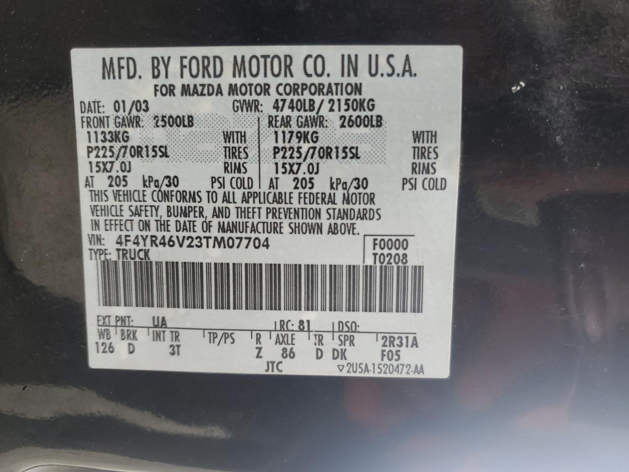 2003 Mazda B3000 Cab Plus VIN: 4F4YR46V23TM07704 Lot: 56957935