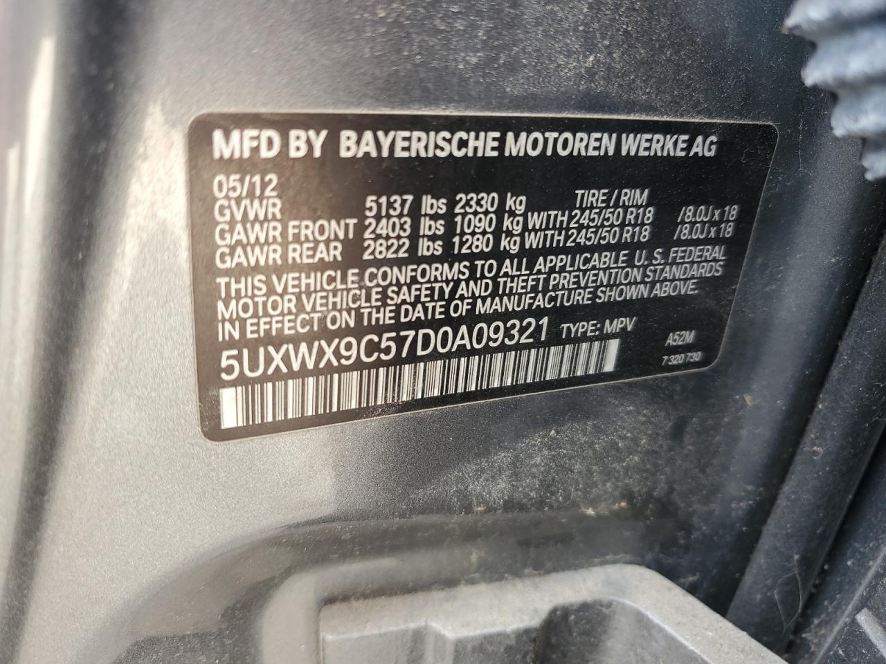 2013 BMW X3 xDrive28I VIN: 5UXWX9C57D0A09321 Lot: 57174345