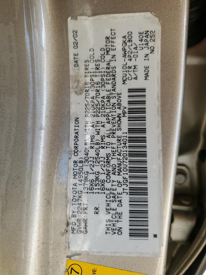 2002 Lexus Rx 300 VIN: JTJGF10U720134011 Lot: 55878655