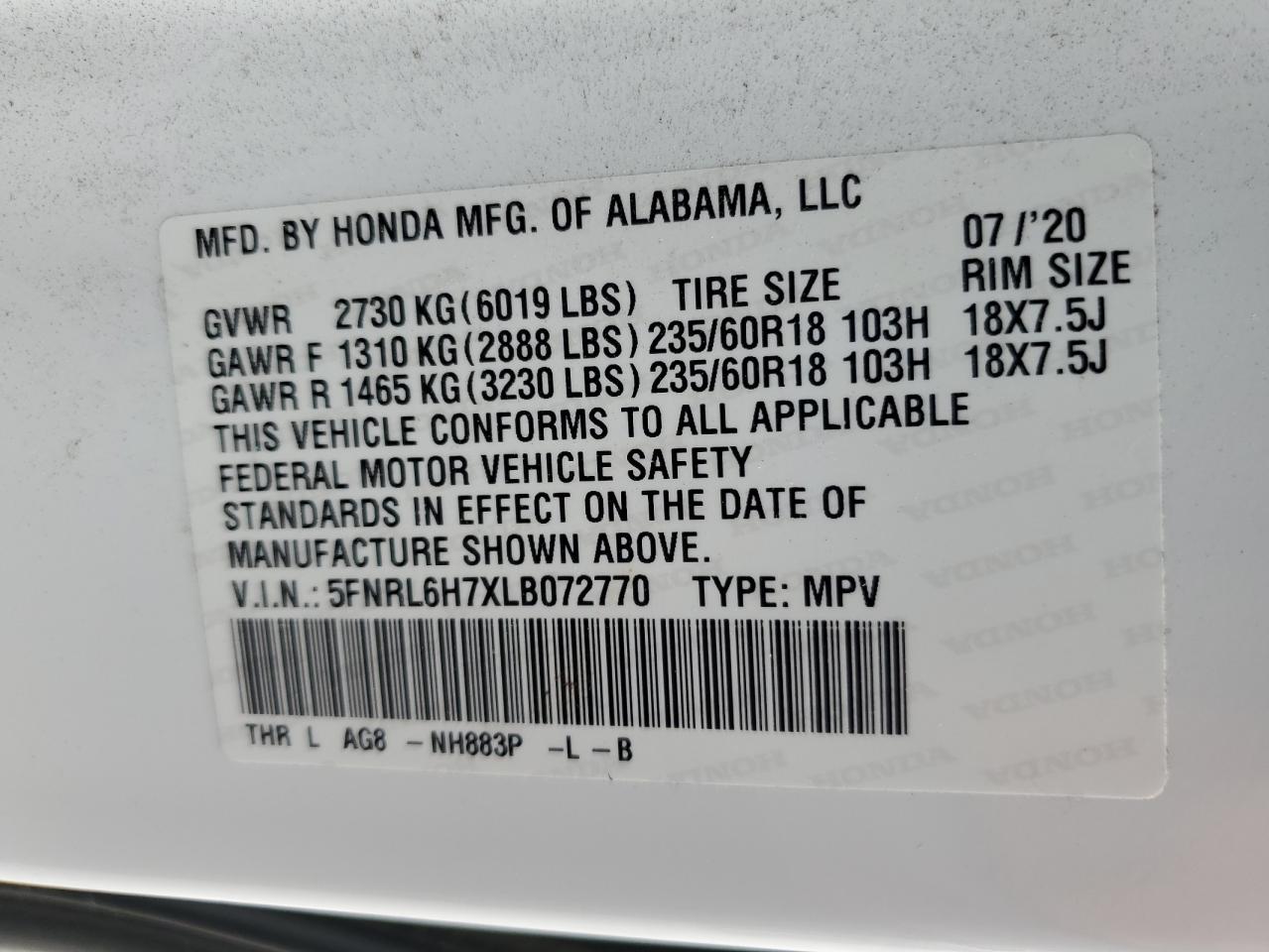 2020 Honda Odyssey Exl VIN: 5FNRL6H7XLB072770 Lot: 56800285