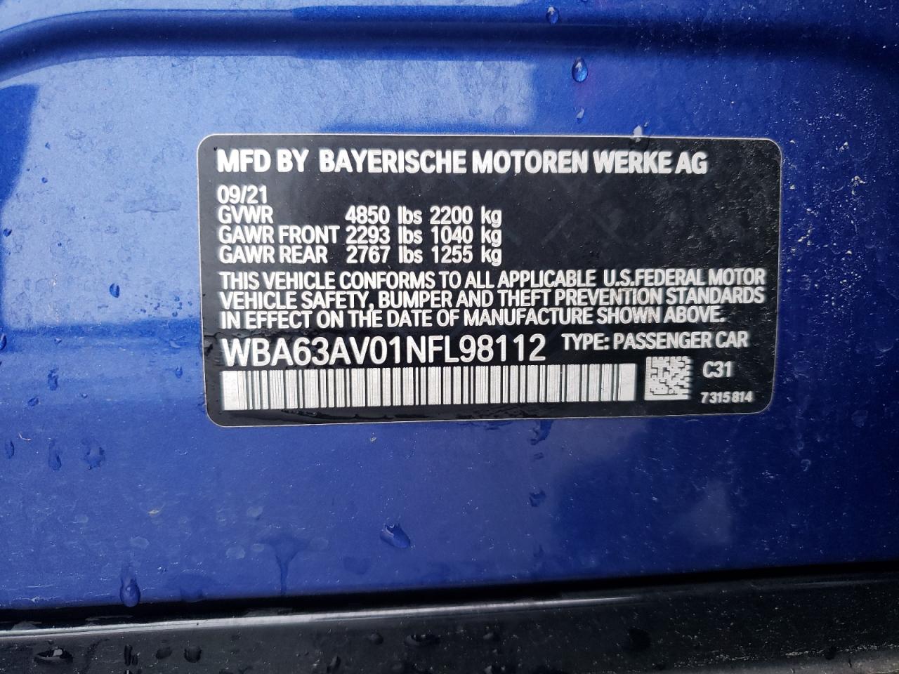 2022 BMW 430I Gran Coupe VIN: WBA63AV01NFL98112 Lot: 56421085