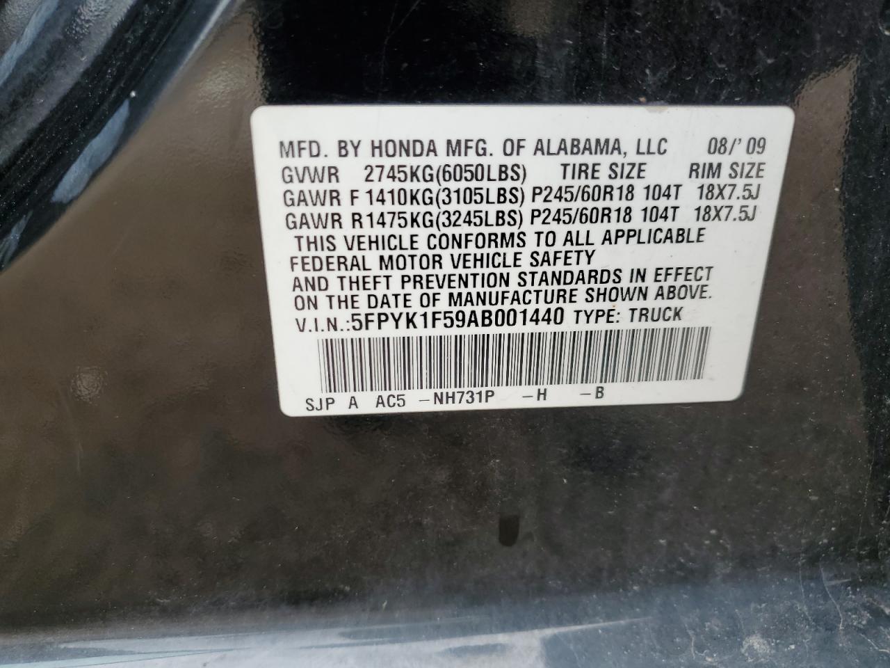 2010 Honda Ridgeline Rtl VIN: 5FPYK1F59AB001440 Lot: 54814635