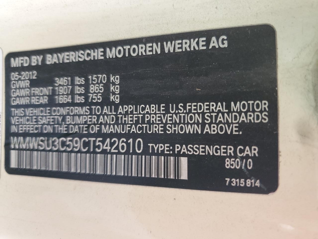2012 Mini Cooper VIN: WMWSU3C59CT542610 Lot: 56720805