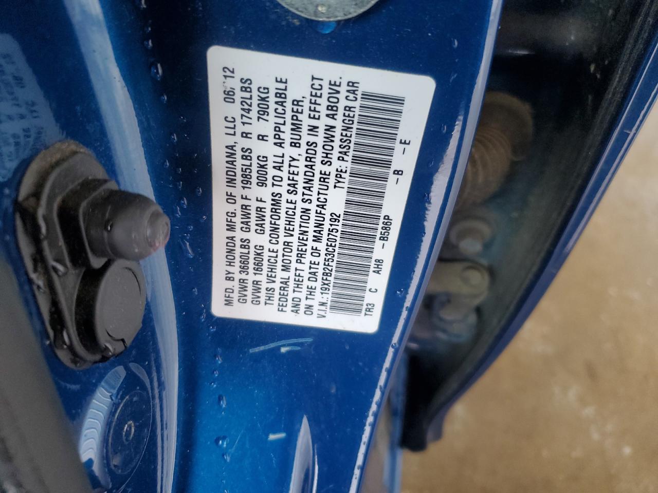 2012 Honda Civic Lx VIN: 19XFB2F53CE075192 Lot: 57156985